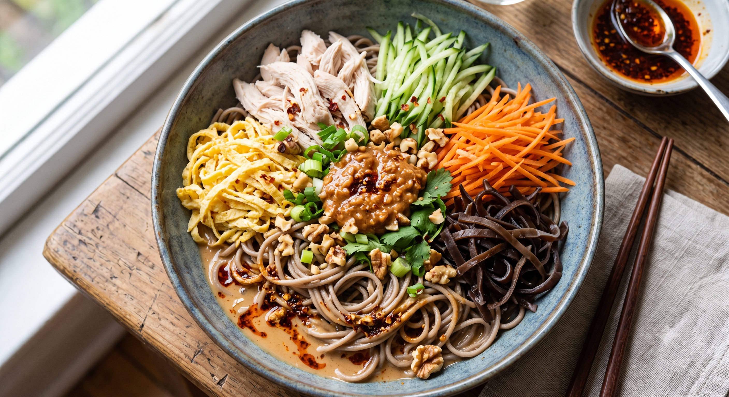 Shredded Chicken Soba bowl with Peanut chili oil sauce