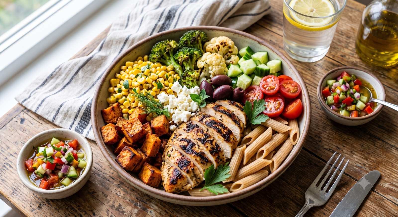 Grilled Chicken Mediterranean-inspired bowls (with pasta or sweet potatoes as carbs)