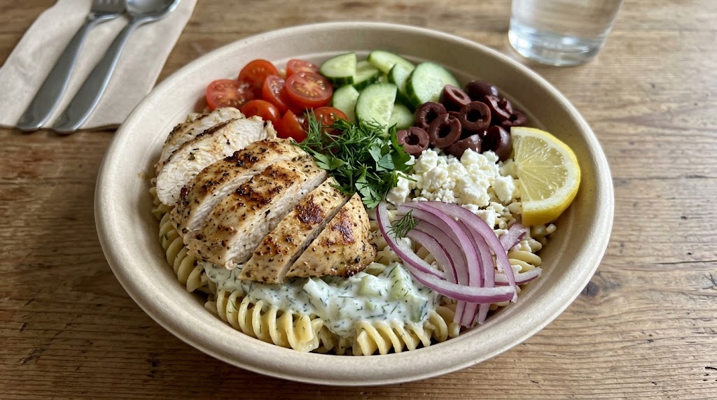 Greek Chicken Tzatziki pasta salad bowl